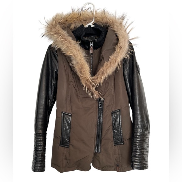 Rudsak XS Women’s Khaki Parka with Black Leather & Fur Hood Real Fur & Leather - Picture 1 of 15
